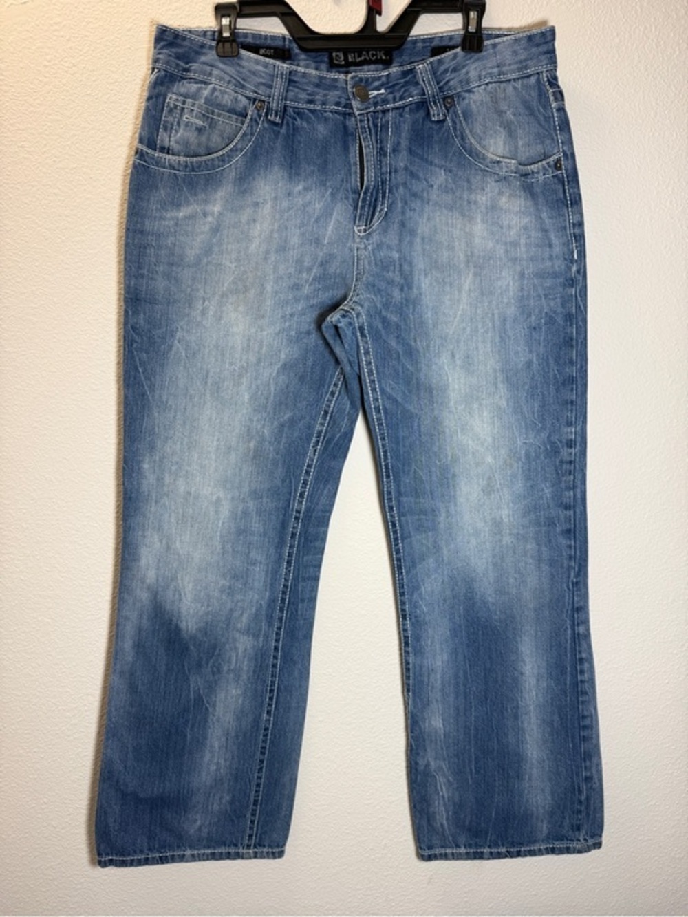 BKE BLACK Men's Bootcut Jeans Size 34x32 Blue Distressed Denim Thick Stitch Y2K
